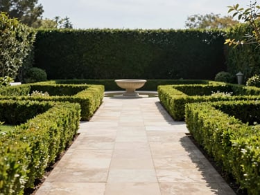 Perfectly manicured common gardens of a luxury estate, clean stone pathways, neat green hedges, bright sunlight