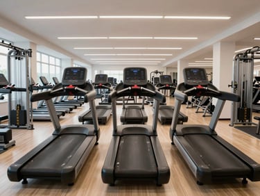 Immaculate high-end gym interior with modern treadmills and strength equipment arranged symmetrically, bright clean environment