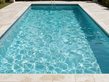 Symmetrical architectural shot of a pristine luxury lap pool, crystal-clear water, clean tiled deck under bright daylight