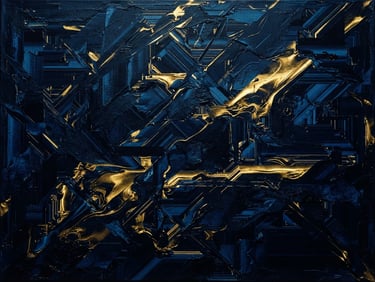 Dark editorial photography of a digital glitch canvas with deep navy, cobalt blue, and liquid gold textures, high contrast dramatic studio lighting, 35mm