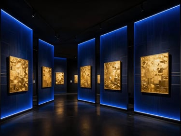 Wide-angle virtual architecture of a sleek, dark-mode gallery with glowing cobalt panels and floating gold canvases, dramatic high-contrast lighting.