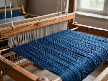Macro close-up of raw indigo-dyed cotton threads stretched on a traditional wooden loom, side-lit by natural workshop window light