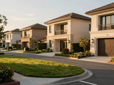 Sun-drenched modern suburban streetscape with manicured lawns and high-end architecture, warm afternoon light
