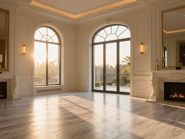 Warm editorial photograph of a modern luxury living room, golden-hour window light reflecting on white oak floors