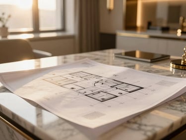 Elegant close-up of architectural blueprint on a marble desk, warm golden hour light, high-end real estate office