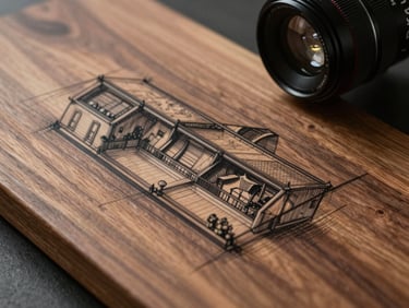 Macro photograph of a hand-drawn architectural sketch resting on a raw walnut wood plank, soft side lighting highlighting wood grain.
