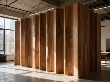 Wide architectural shot of a finished sculptural wooden partition installed in a modern, sunlit Manhattan loft with high ceilings.