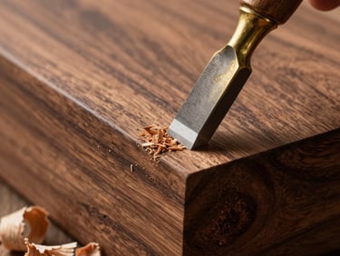 Extreme close-up of a brass chisel carving a precise joint into dark walnut wood, fine wood shavings, high-contrast natural light.