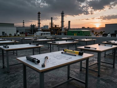 Planos arquitectónicos detallados sobre una mesa de obra, con herramientas de medición y una maqueta industrial de fondo, luz dramática de atardecer.