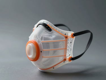 Technical CAD orthographic drawing of a modular reusable face mask system, exploded view showing polymer filter housing and silicone seal, safety orange vector lines highlighting structural joints.
