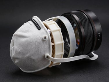 Technical CAD diagram of a multi-layered reusable mask system, exploded view showing filter placement and injection-molded strap connectors.