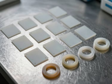 Macro close-up of die-cut medical polymer sheets and silicone seals laid out in a precise grid on a brushed steel workbench, high-contrast studio lighting, sharp dark shadows.