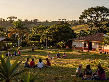 Vista amplia y esperanzadora de la comunidad terapéutica en Garupá, rodeada de abundante vegetación misionera, con residentes conversando pacíficamente bajo la luz cálida del atardecer.