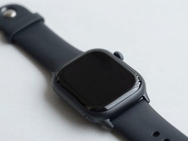 Minimalist smartwatch with a black sport band on a light gray background, clean studio lighting
