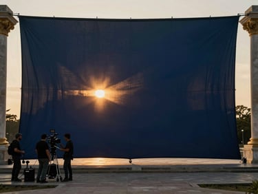 Wide anamorphic environmental shot of a film crew on a dramatic architectural location at golden hour, large silk scrim diffusing the sun.
