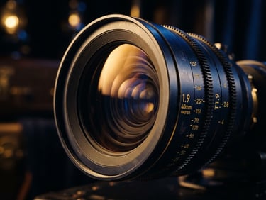 Extreme close-up of a high-end anamorphic cinema lens, golden hour light catching the glass element, deep shadows, luxurious cinematic editorial photography