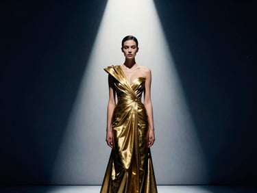 High-contrast film still of a model in a structured gold gown, dramatic single spotlighting from above, deep royal navy shadows, premium gallery aesthetic
