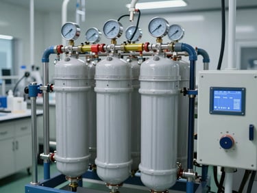 A multi-stage reverse osmosis filtration system with pressure gauges and control panels, clean laboratory lighting, macro shot.