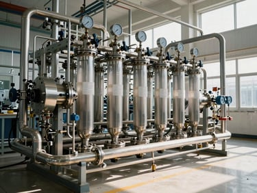 A high-precision reverse osmosis membrane system in a sterile industrial facility, stainless steel pipes, pressure gauges, natural daylight, wide angle shot.