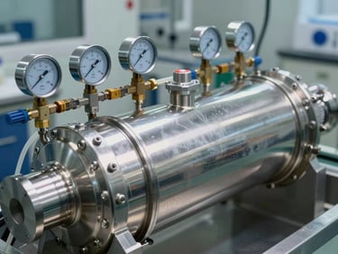 A close-up of a stainless steel industrial reverse osmosis membrane housing with pressure gauges, clean sterile laboratory lighting.