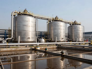 A massive industrial wastewater reclamation plant with stainless steel tanks and complex overhead piping, daylight, wide angle.