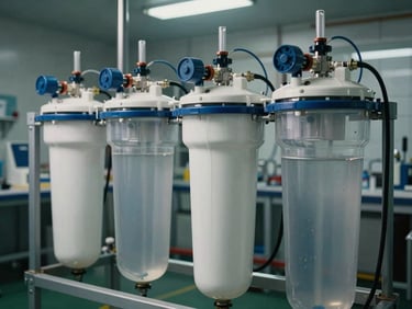 An array of water filtration vessels and dosing pumps inside a clean utility room, functional lighting, medium shot.