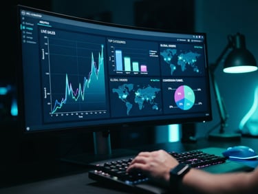 Sleek tech editorial photography of a high-tech workspace setup, close-up of a curved monitor displaying real-time e-commerce analytics, cool ambient studio lighting with electric blue and neon mint accents, sharp focus, 35mm.