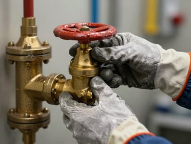 Close-up of hands in heavy-duty work gloves adjusting a brass utility valve inside a clean utility room, warm side-lighting on metallic details.