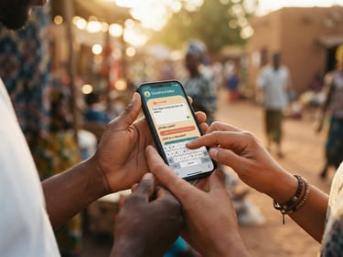 Close-up of diverse hands holding a smartphone displaying the SaludParaTodos symptom analyzer interface, showing a user typing in Spanish, natural golden-hour daylight, soft focus background, 35mm lens, warm authentic tones, culturally localized setting in Africa.