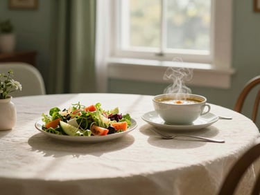 A beautifully set dining table with a freshly prepared, colorful salad and warm soup, soft morning light streaming through a window, residential dining room setting