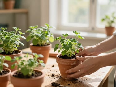 An active, warm-lit gardening workshop where hands are potting green herbs in terracotta pots, soft-focus background of a sunlit sunroom