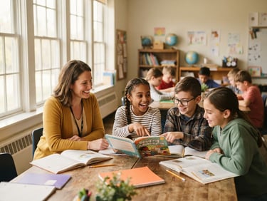 Bright classroom in Indiana with natural light streaming through windows, a teacher mentoring a small group of elementary students who are smiling and collaborating over books, warm editorial style, shallow depth of field.