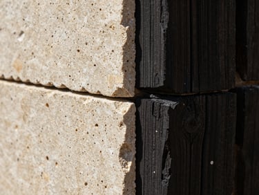 Extreme close-up macro detail of raw beige travertine stone meeting dark charred wood, sharp geometric division, high-contrast natural sunlight, architectural texture study.