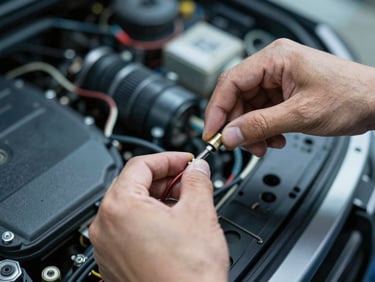 Close-up of precise hand-work on car electrical wiring loom, technical workshop lighting, sharp focus, 35mm lens