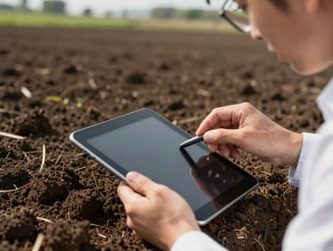 Close-up of dark, rich soil being analyzed by an agronomist holding a digital tablet in a sunlit field, professional focus.