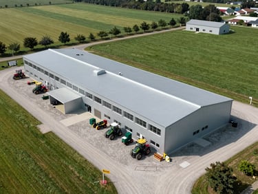 Aerial view of a clean, modern farm headquarters with gravel roads, machinery sheds, and green fields surrounding it.