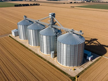 Aerial view of a highly productive grain farm with modern silo infrastructure, clear boundary lines, bright daylight.