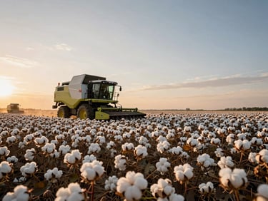 Low-angle shot of a massive cotton field under sunset sky, modern agricultural machinery operating in the distance.