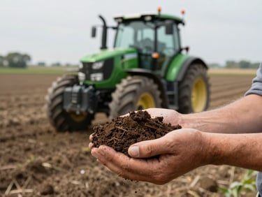 Close-up of rich, dark fertile soil held in hands of an agronomist, with a high-tech green tractor moving in the soft-focus background of a vast field