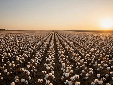 Expansive cotton field at sunset, neat rows stretching to the horizon, warm golden light highlighting the soil.