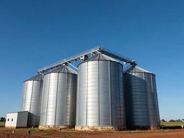 Low-angle shot of a modern grain silo complex on a flat farm in Goiás, clear blue sky, bright daylight.