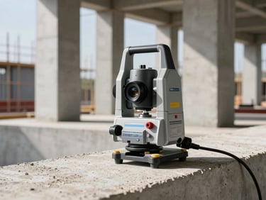 An engineer using a professional laser scanner on a raw concrete construction site, bright natural daylight, high contrast, focus on the technical equipment with concrete columns in the background.
