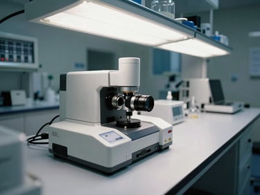 Wide-angle shot of a clinical laboratory testing environment, optical sensor device centered on a precision instrument bench under high-key shadowless lab lighting, sterile white surfaces extending to the right edge of frame, a calibration reference chart visible in the left background, no personnel present