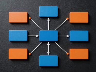 Top-down view of a clean, minimalist vector flowchart illustrating decision-making paths in a logic puzzle, bright blue and orange accents on a dark slate background.