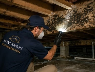 mold remediation specialist inspecting large lot forested property in Black Forest Colorado Springs for crawl space moisture