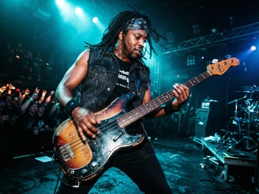 Low-angle shot of bassist Dwayne Lay performing on stage under vibrant cyan spotlights, high-contrast shadows, hands in motion on a vintage bass guitar.