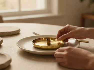 Macro close-up of hands arranging minimalist brass and raw stone table settings under warm, amber window light, soft shadows, sophisticated editorial styling