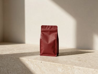 Minimalist coffee packaging on a raw stone counter, organic textures, warm window light casting long dramatic shadows, rich crimson accent tones, 35mm