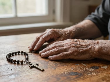 Close-up of an elderly resident's hands resting open on a worn wooden table, soft north-facing window light, a rosary loosely draped nearby, warm ochre tone