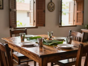 Wooden dining table set for a meal in a care home common room, Kerala afternoon light through open shutters, steel tumblers and simple ceramic bowls, fresh green banana leaf visible at one corner, no residents present, warm and homely, eye-level framing